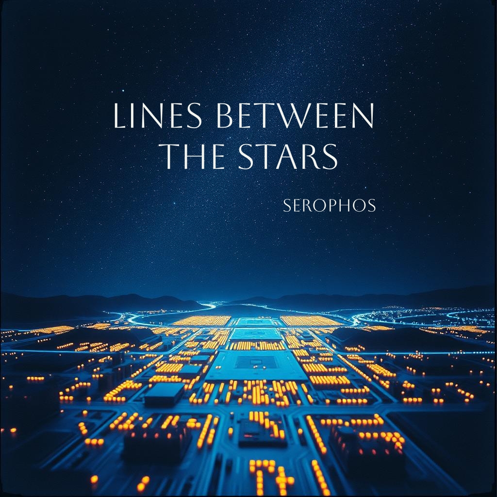 Cover Image of the Single Lines between the stars. A neon-glowing city-skape that looks like a circuit board